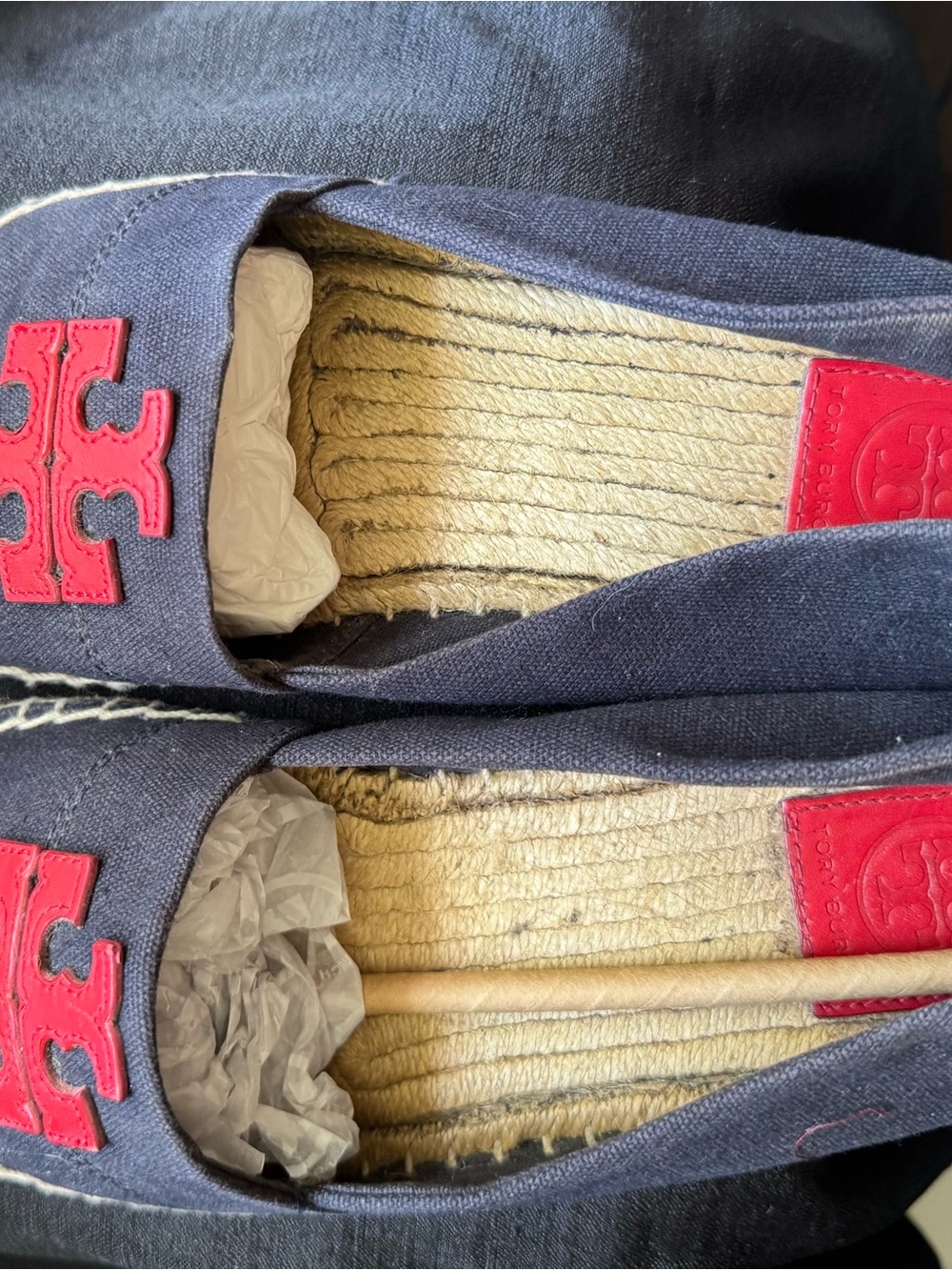 Tory Burch Navy Denim Espadrilles with Red Logo Accents - Picture 2 of 7